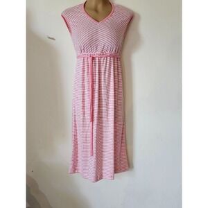 Vintage 70s pink white striped V Neck T- Shirt Dress Tie Belt S